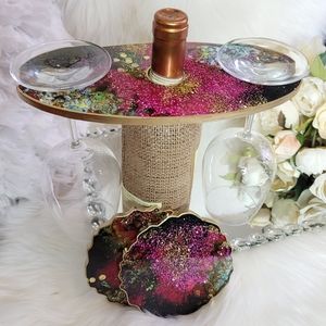 Multicolored Wine Caddy & Coaster Set Resin